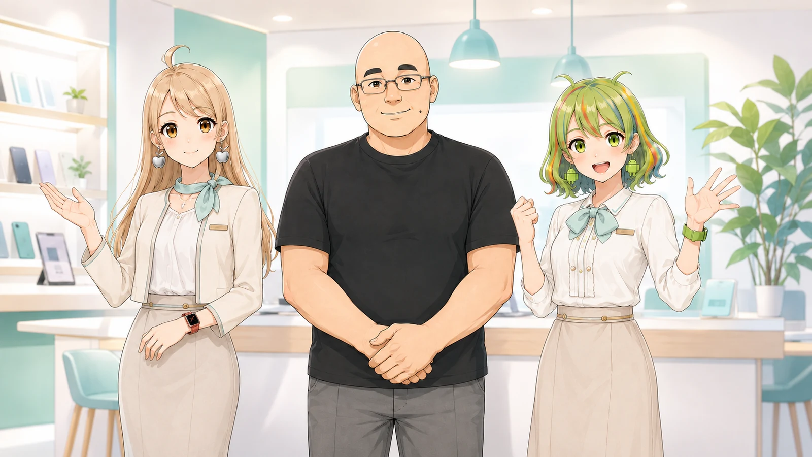 中央の店長と、案内キャラクターのリンとアンが並ぶすまほかけこみ寺のイメージ